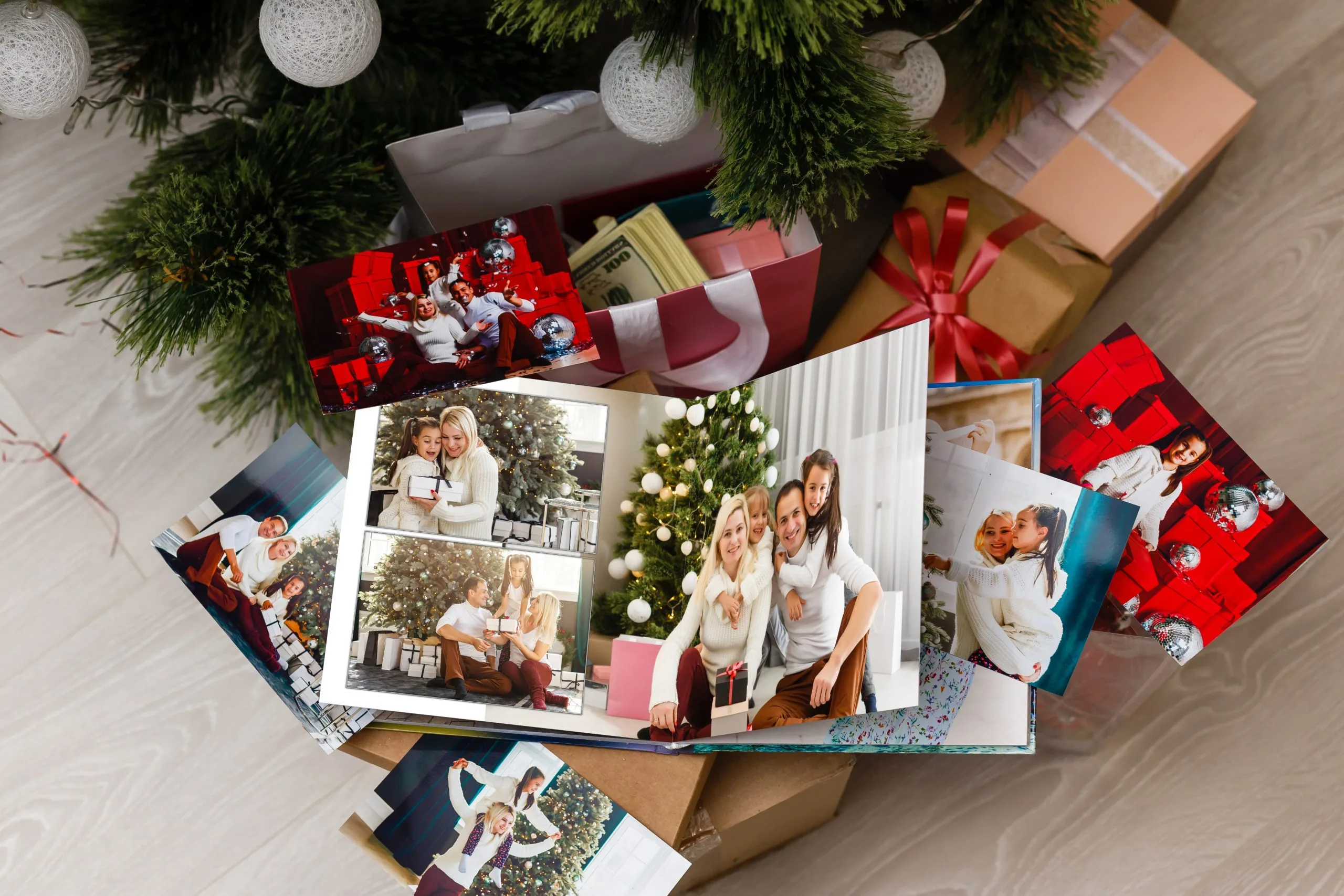 Photo collage of nine images with winter concept. Holiday season. open photo book with christmas photos.