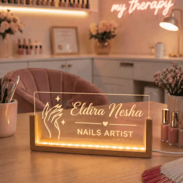 plexiglass led i personalizuar per nails artist me emer, per qender estetike